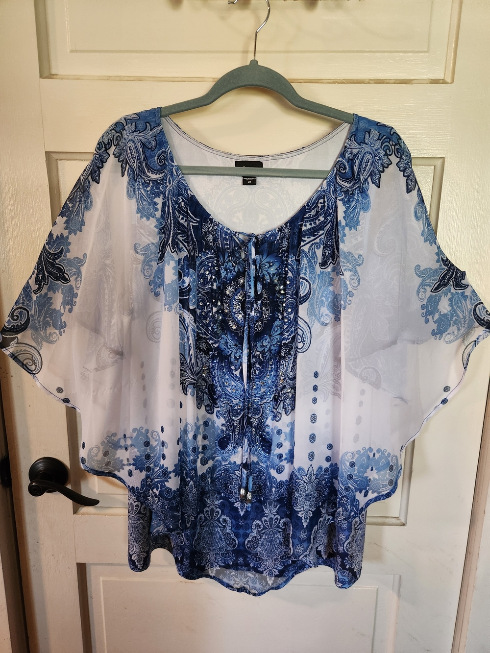 Simply Emma Blue Paisley Sheer Tie-Front Tunic